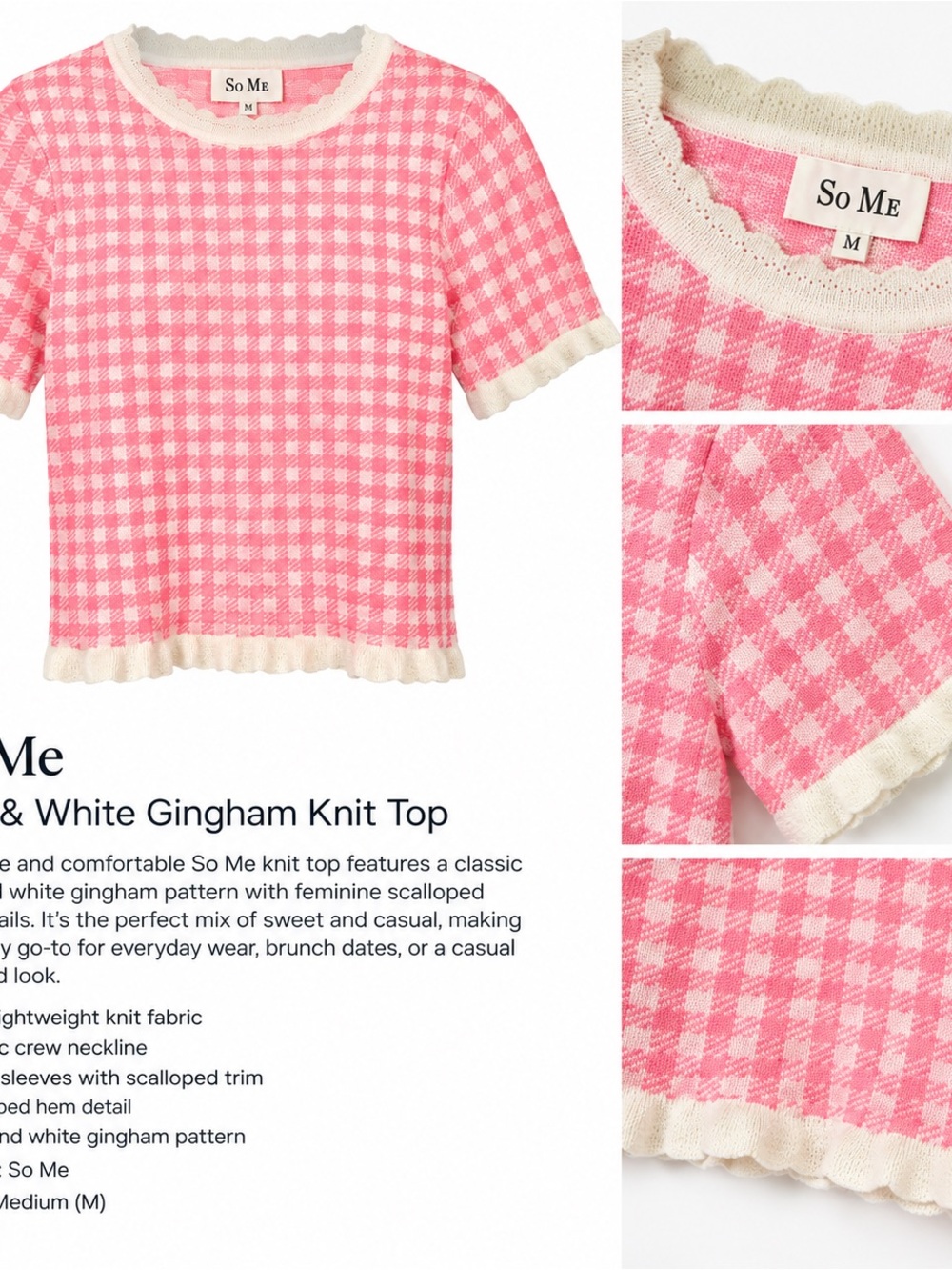 So Me Pink & Cream Gingham Knit Short Sleeve Top